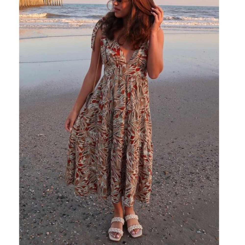 House of Harlow 1960 Dress Womens XS Brown Tropical Tiered Maxi NWT 0779843